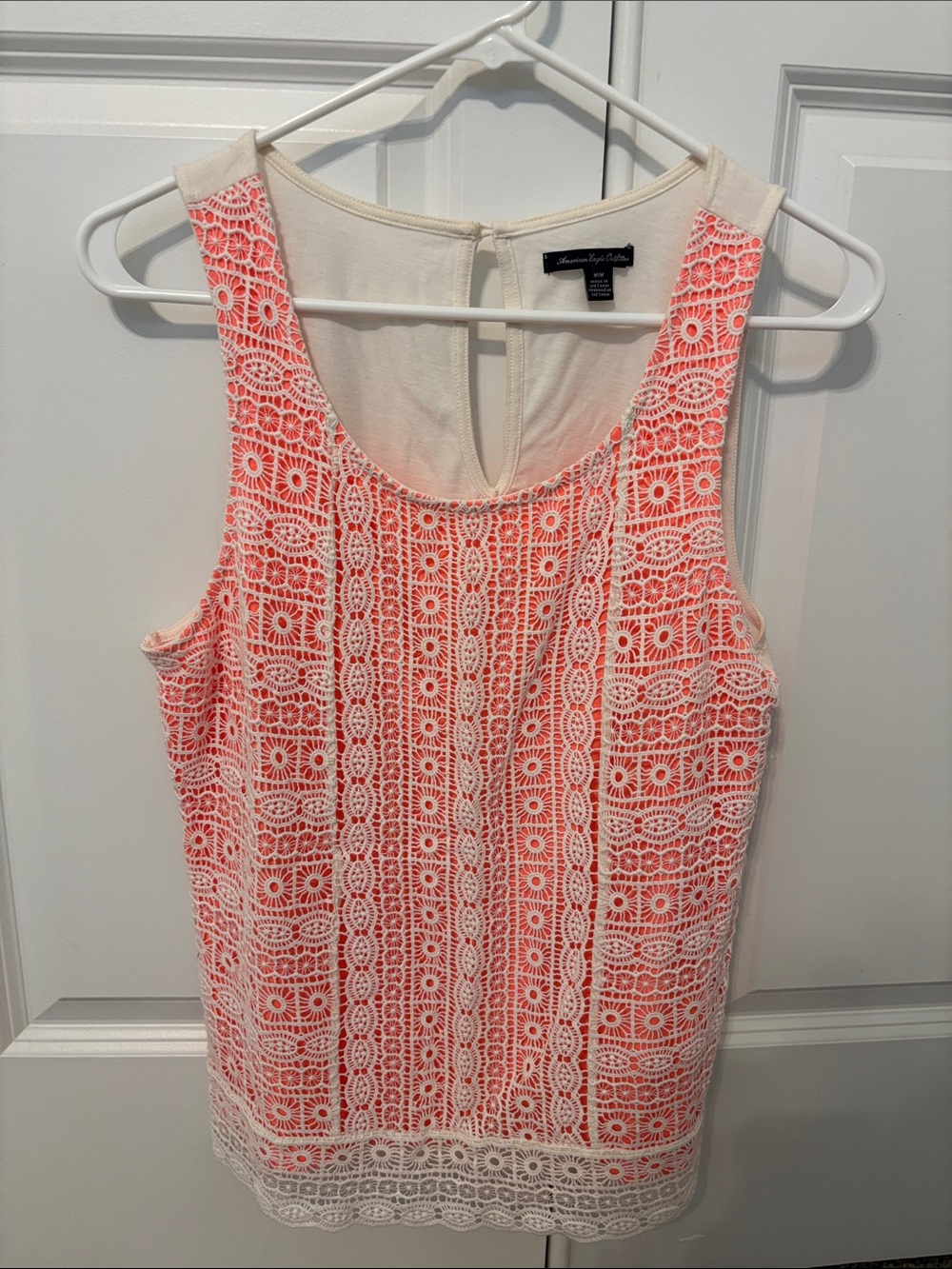 American Eagle Outfitters Coral & White Crochet Lace Tank